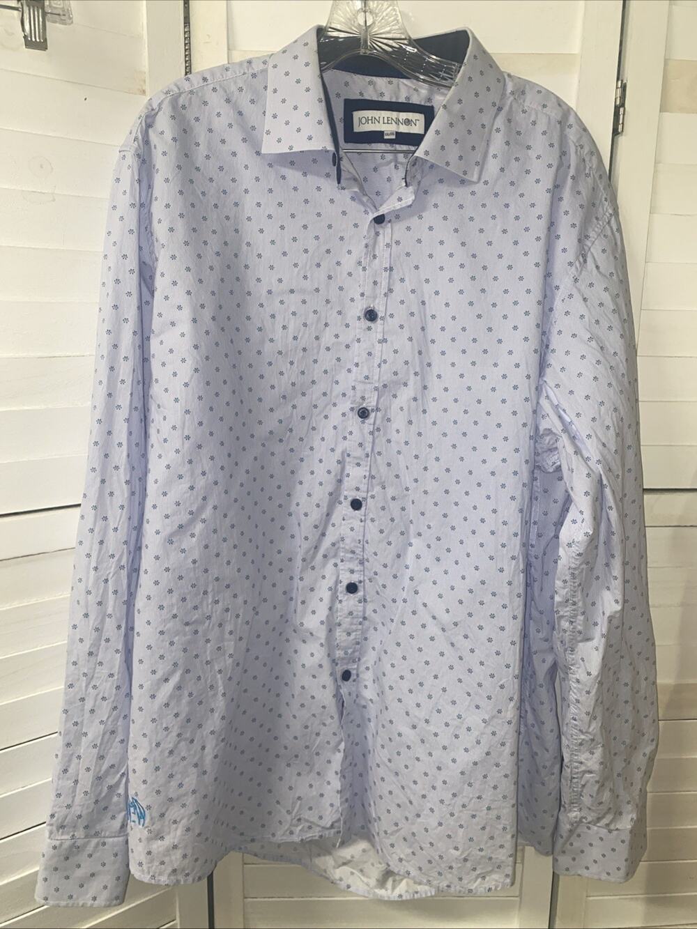 John Lennon Shirt Mens XXL Blue White Floral Stripe Long Sleeve Button Up Cotton